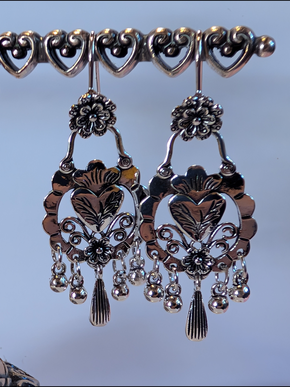 Mexican Style Silver Floral Filigree Dangle Earrings - Picture 3 of 5
